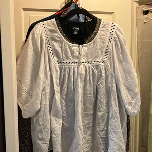 Chaps White Blouse with Puff Sleeves and Bib Collar